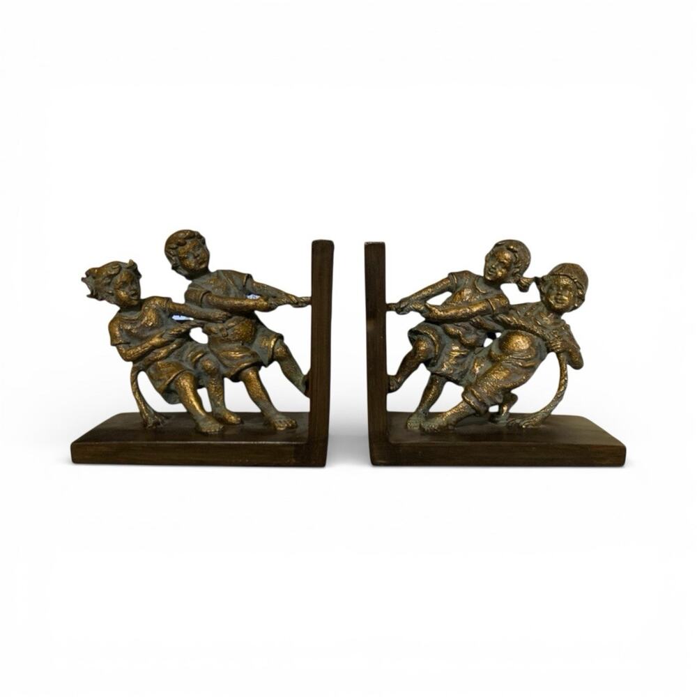 Pair Of Vintage Bronze Toned Bookends Children Pulling Rope Tug Of War
